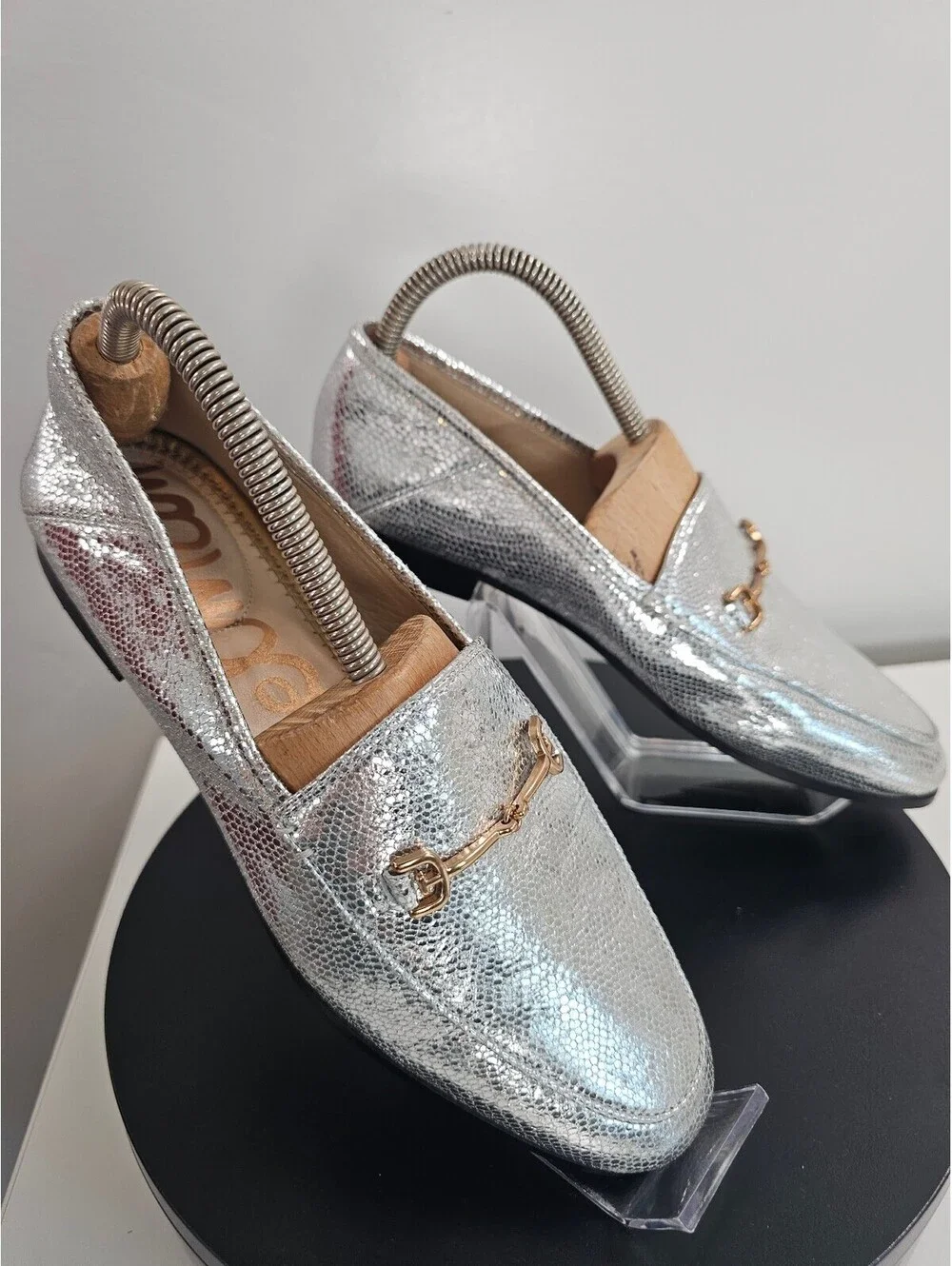Sam Edelman Silver Metallic Loafers with Gold Buckle Detail